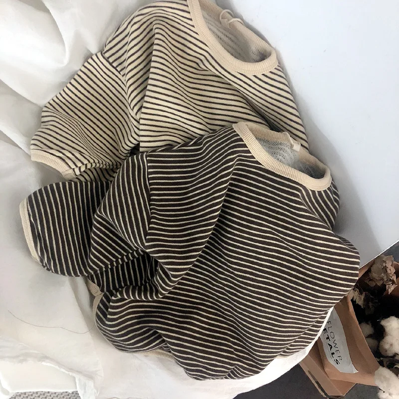 Boys And Girls T-Shirts With Striped Round Neck And Inner Bottoming Shirt Pullover Loose