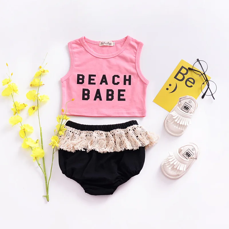 Beach Babe Set Sleeveless Crop Top T Shirt Tassels Triangle Shorts Outfit Clothes