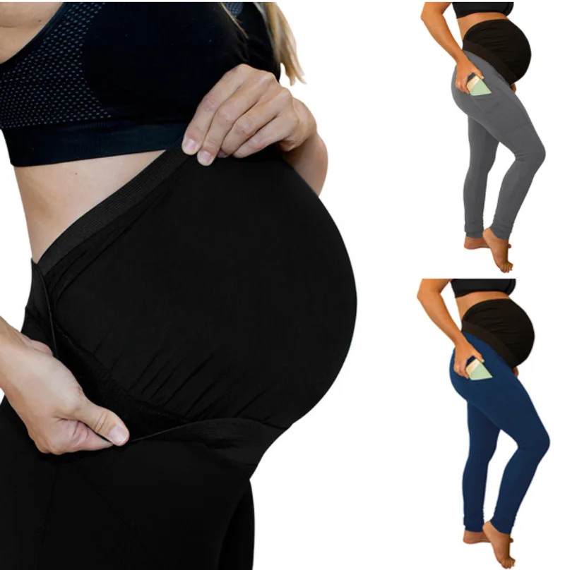 Pure color panel long and high waist side pocket Maternity Pants