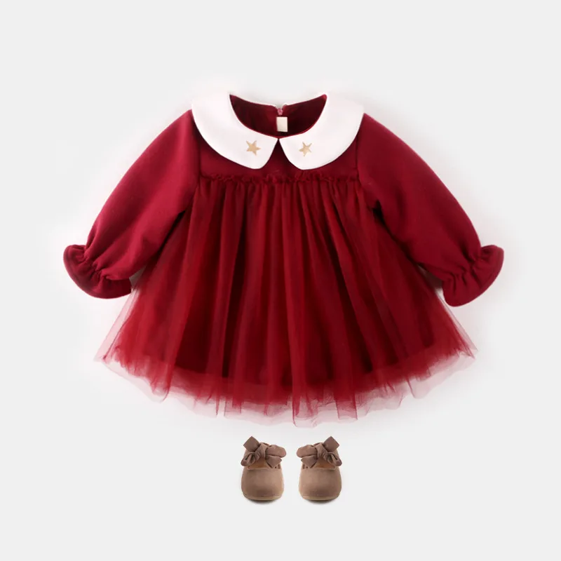 Red girls autumn baby dress thick woolen cloth