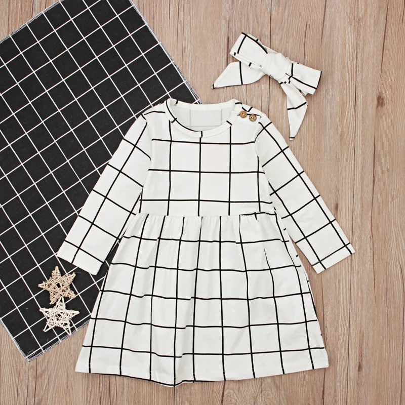 Girls Long Sleeve Plaid Dress Headband Two-piece Skirt Kid Set