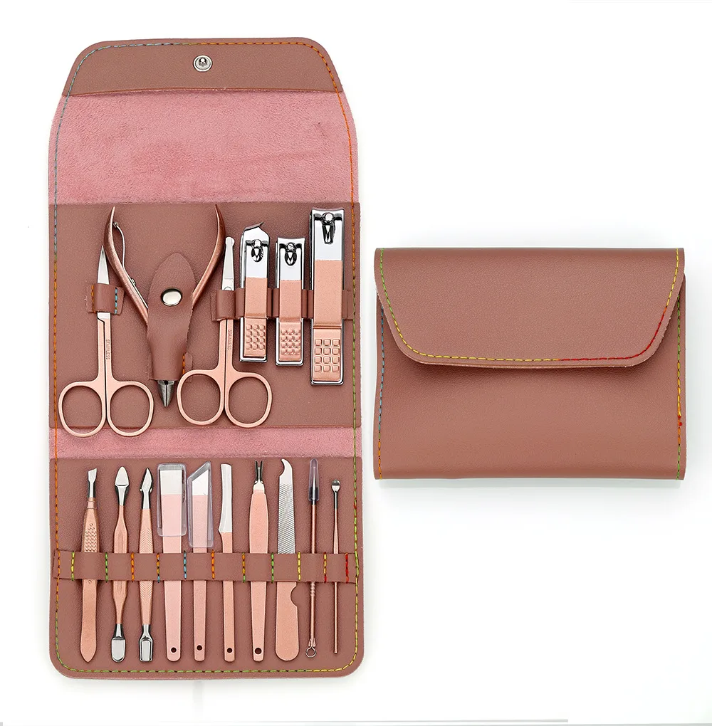 Portable PU Leather Rose Gold Manicure Tool Se