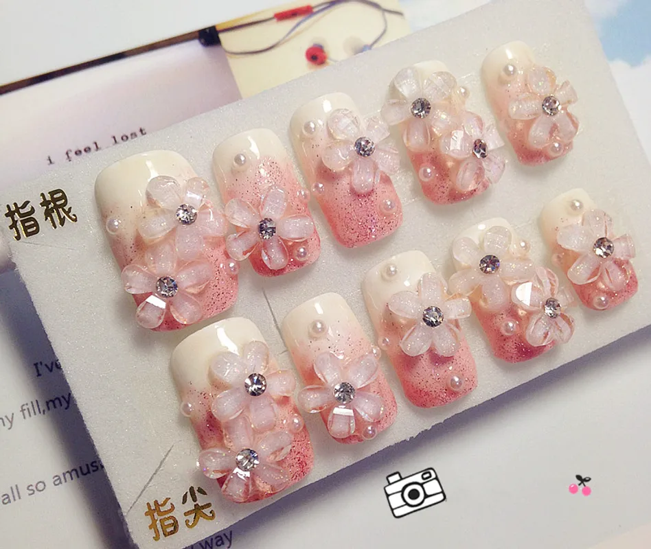 Custom Nail Piece Finished Product Lady Bride Gradient Crystal Flower