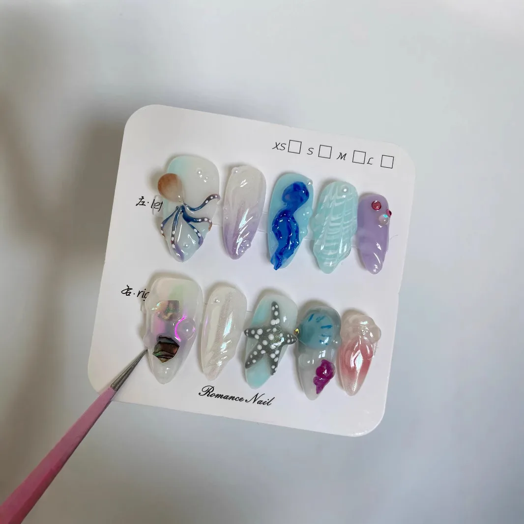 Hand-painted Happy Underwater World White Advanced Long Manicure