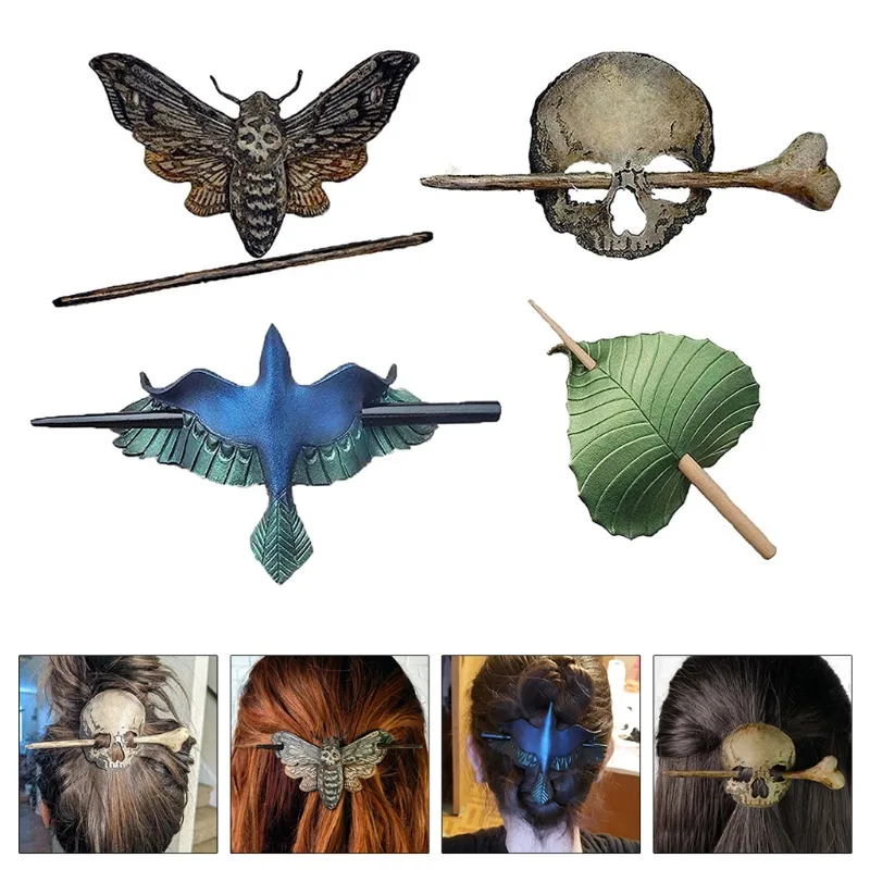Halloween Horror Death Moth Skull Retro Hair Stick Fork Bun Holder Creative Slide Hairpins With Faux Bone Ponytail Barrette