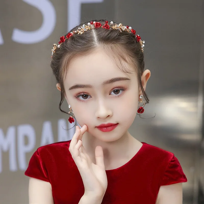 Red Hair Pin Flower Hair Clips Earrings Set Women Headdress