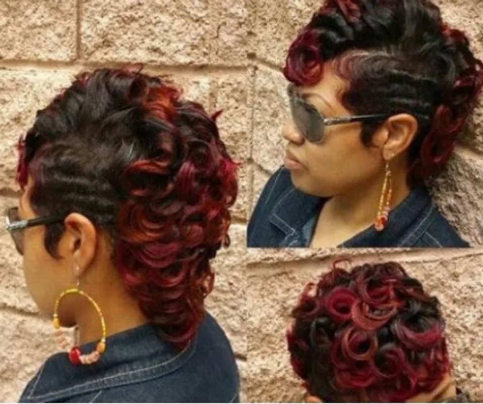 European And American Women Short Hair Wig Black Highlights Wine Red