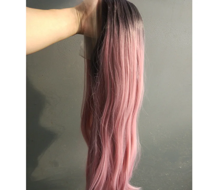 Front Lace Wig Long Straight Hair Female Middle Gradient Ombre Green Chemical Fiber Hood