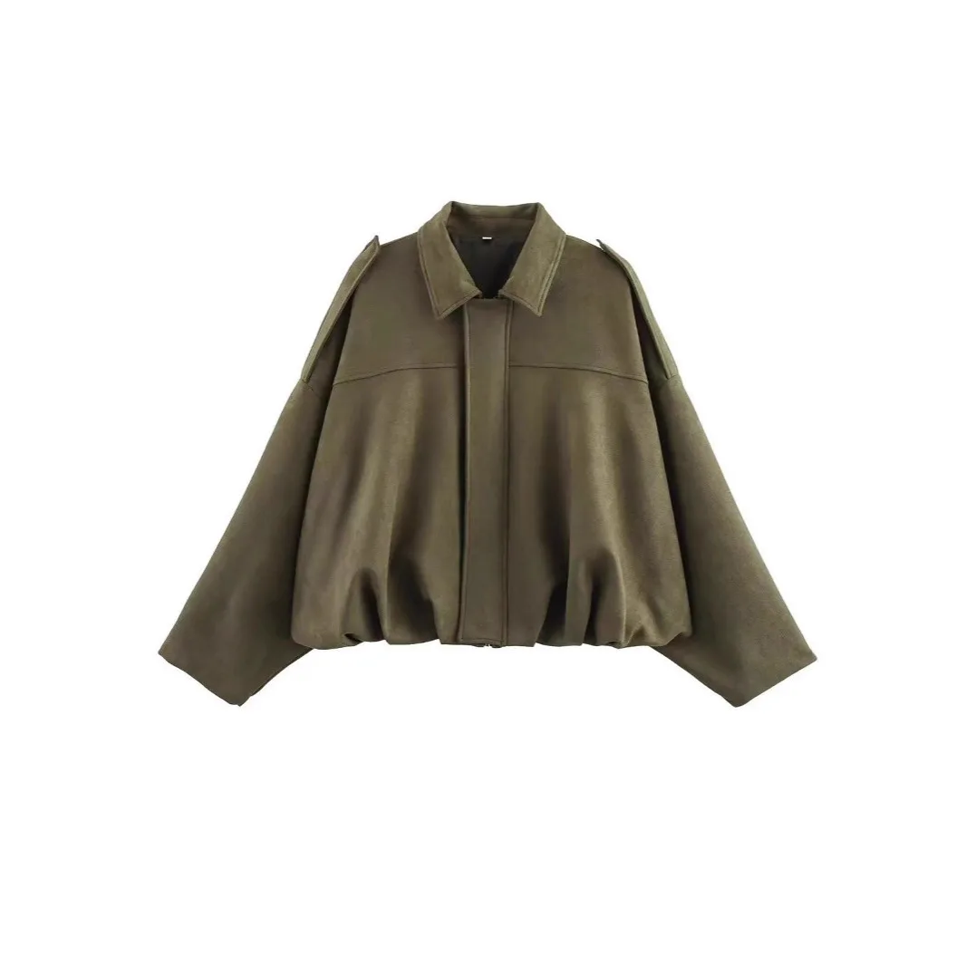Amazon European And American Women's Clothing 2025 Spring And Autumn Suede Texture Lapel Zipper Button Pilot Jacket