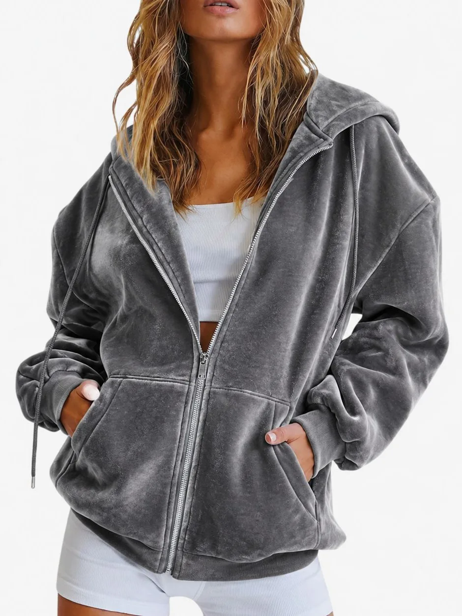Amazon Cross-Border European And American Velvet Hooded Sweatshirt Autumn And Winter Loose Zipper Cardigan Casual Top
