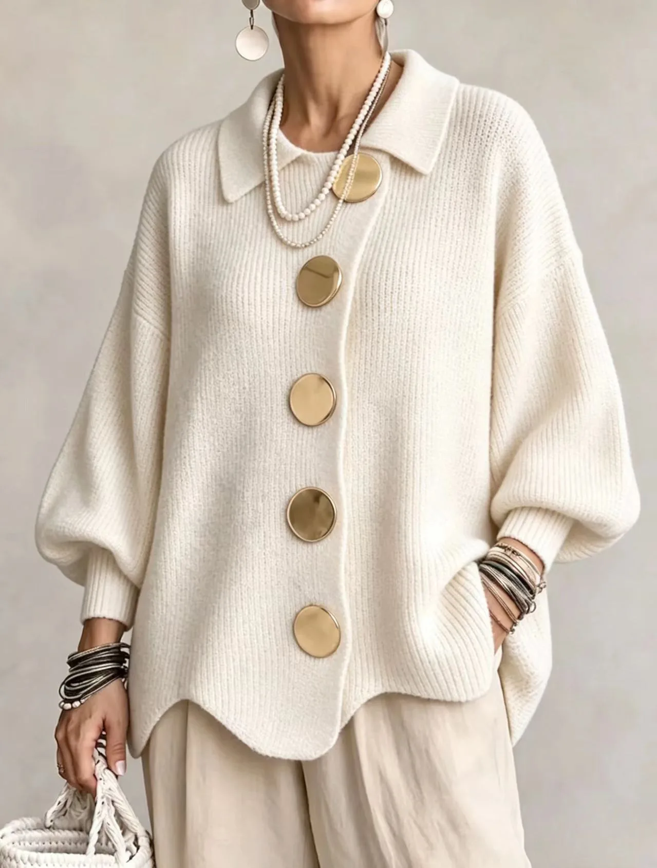 European And American Cross-border Autumn And Winter Women's Knitted Jacket With Lapel And Buttons, French Retro-style Loose-fitting Coat