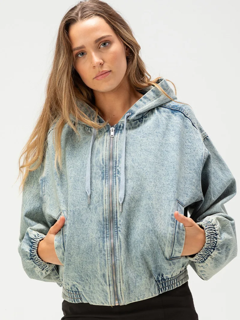 Acid-Wash Hooded Denim Bomber Jacket
