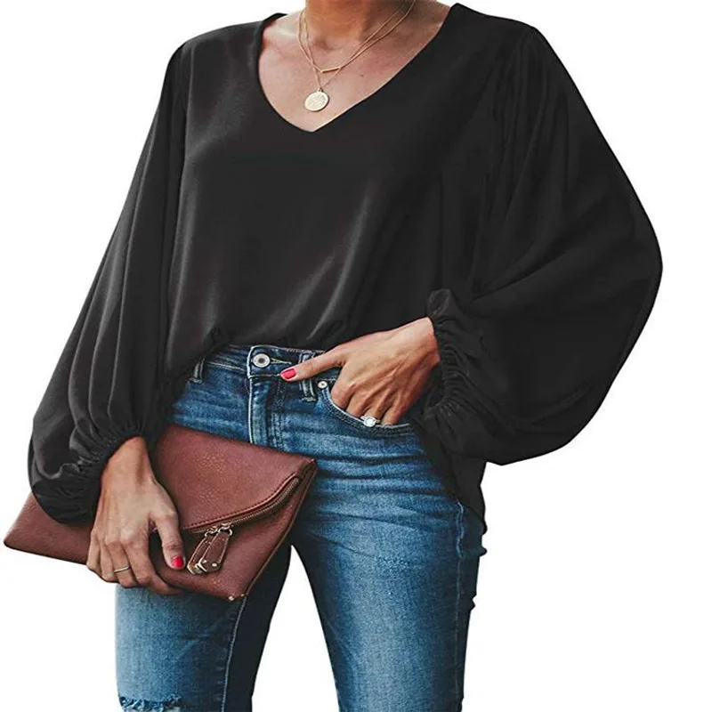 V-neck long sleeve chiffon casual loose pullover