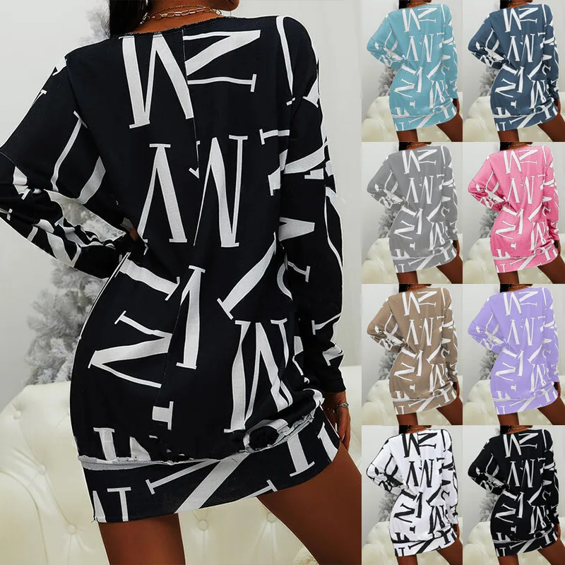 Long Sleeve Letter Print Round Neck Casual Loose Dress