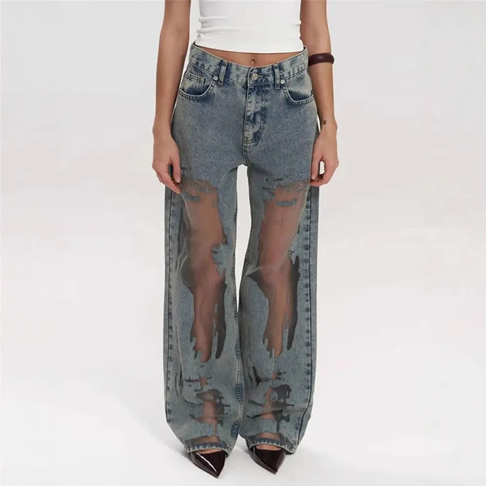 Retro Straight-leg Pants Hollow Texture Niche Design Jeans Y2g Wide Leg Trousers