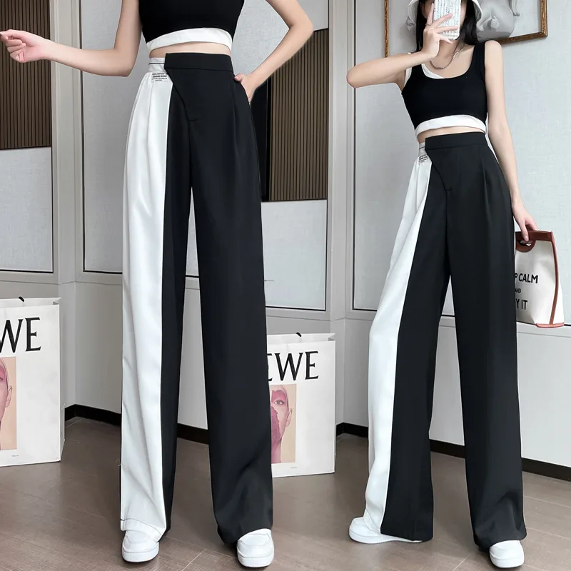 High Waist Retro Color Matching Suit Drape Straight-leg Pants