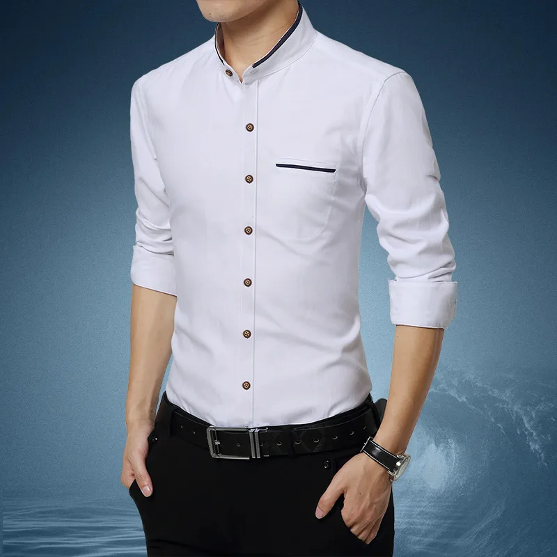 New Men's Stand Up Collar Shirt Long Sleeved Shirt Men's Slim Business Casual Oxford Shirt