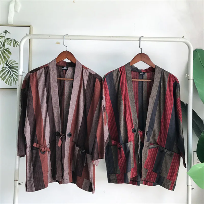 Japanese Road Robe And Kimono Harajuku Style Casual Cardigan With Loose Stripes