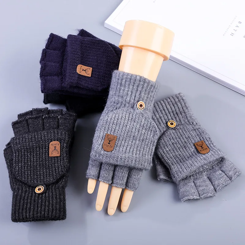 Men's Half Finger Gloves Winter Knitted Wool Fingerless