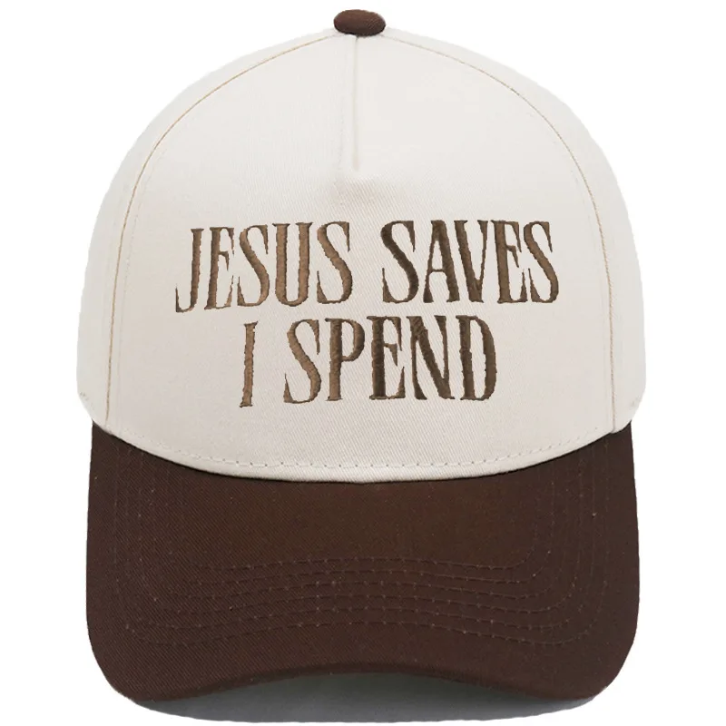 JESUS SAVES I SPEND Embroidered Trucker Hat Color-Block Baseball Cap