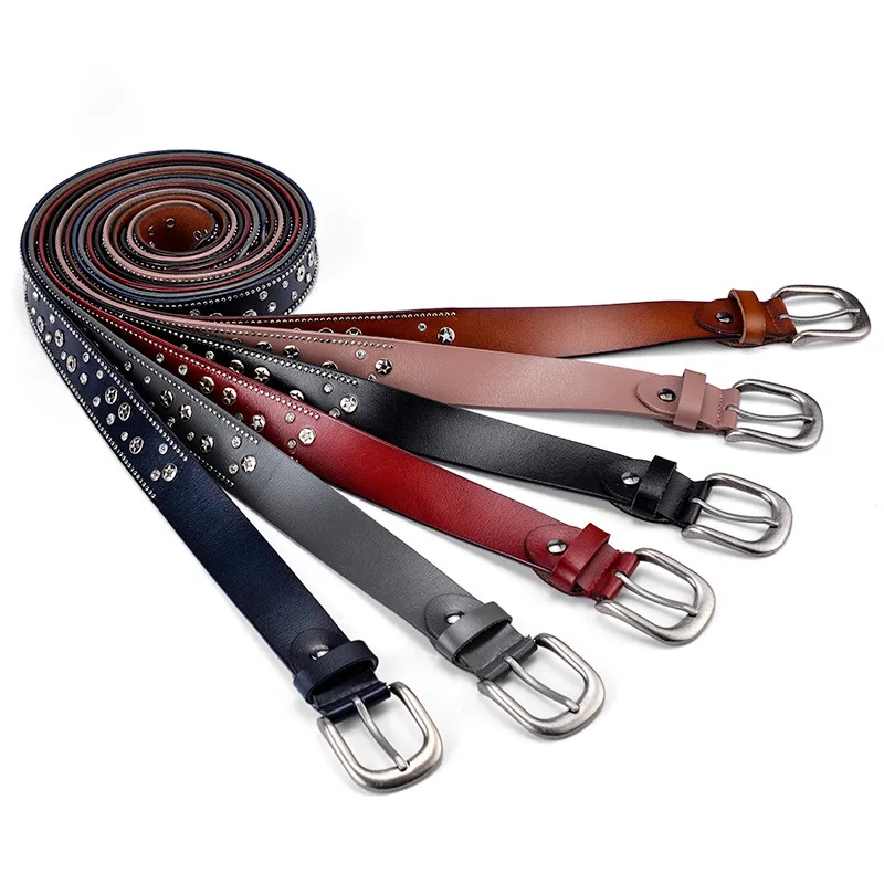 Fashion Trend Ladies Leather Rivet Rhinestone Inlaid Pin Buckle Belt