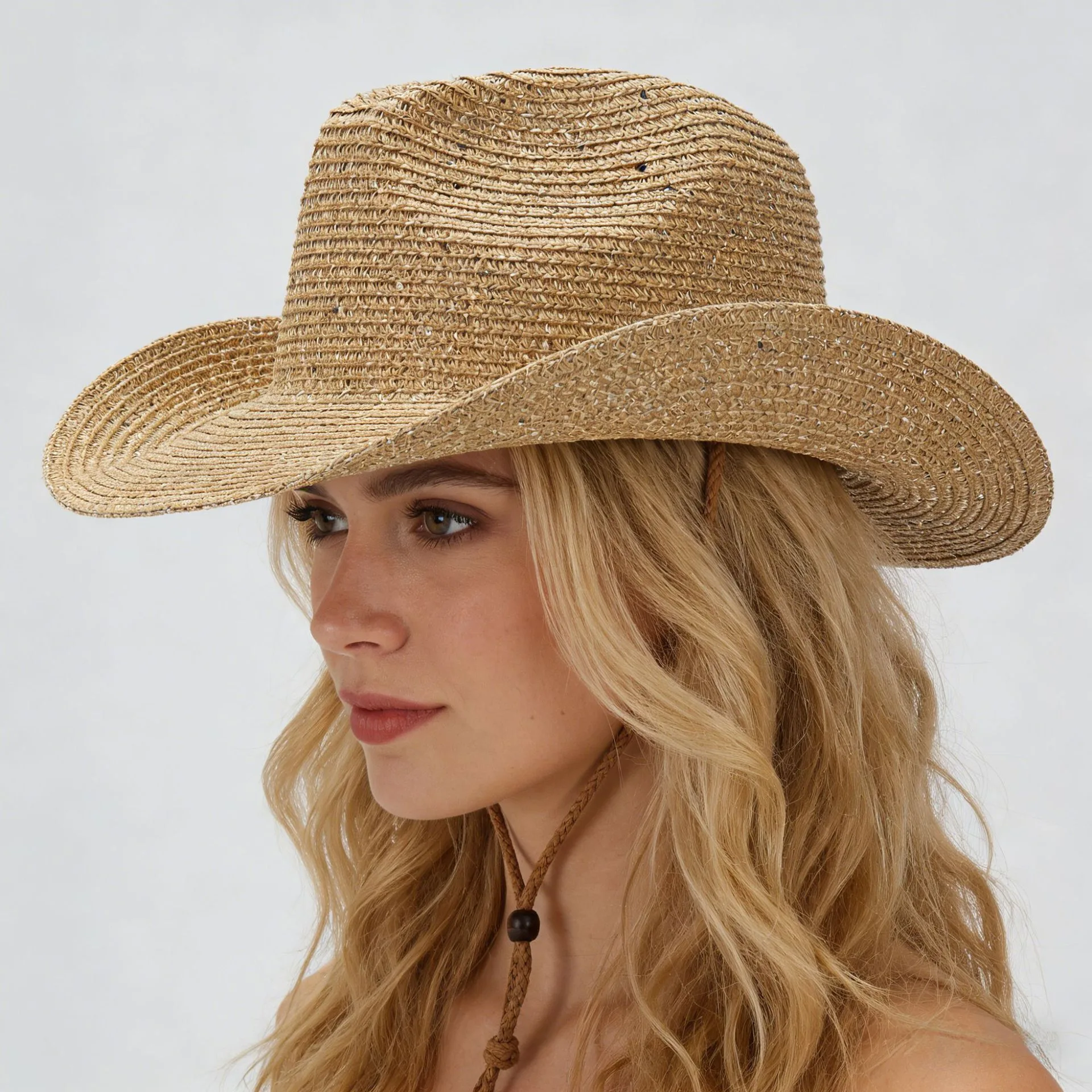 New Womens Panama Straw Weaved Sequin Windproof Sun Hat