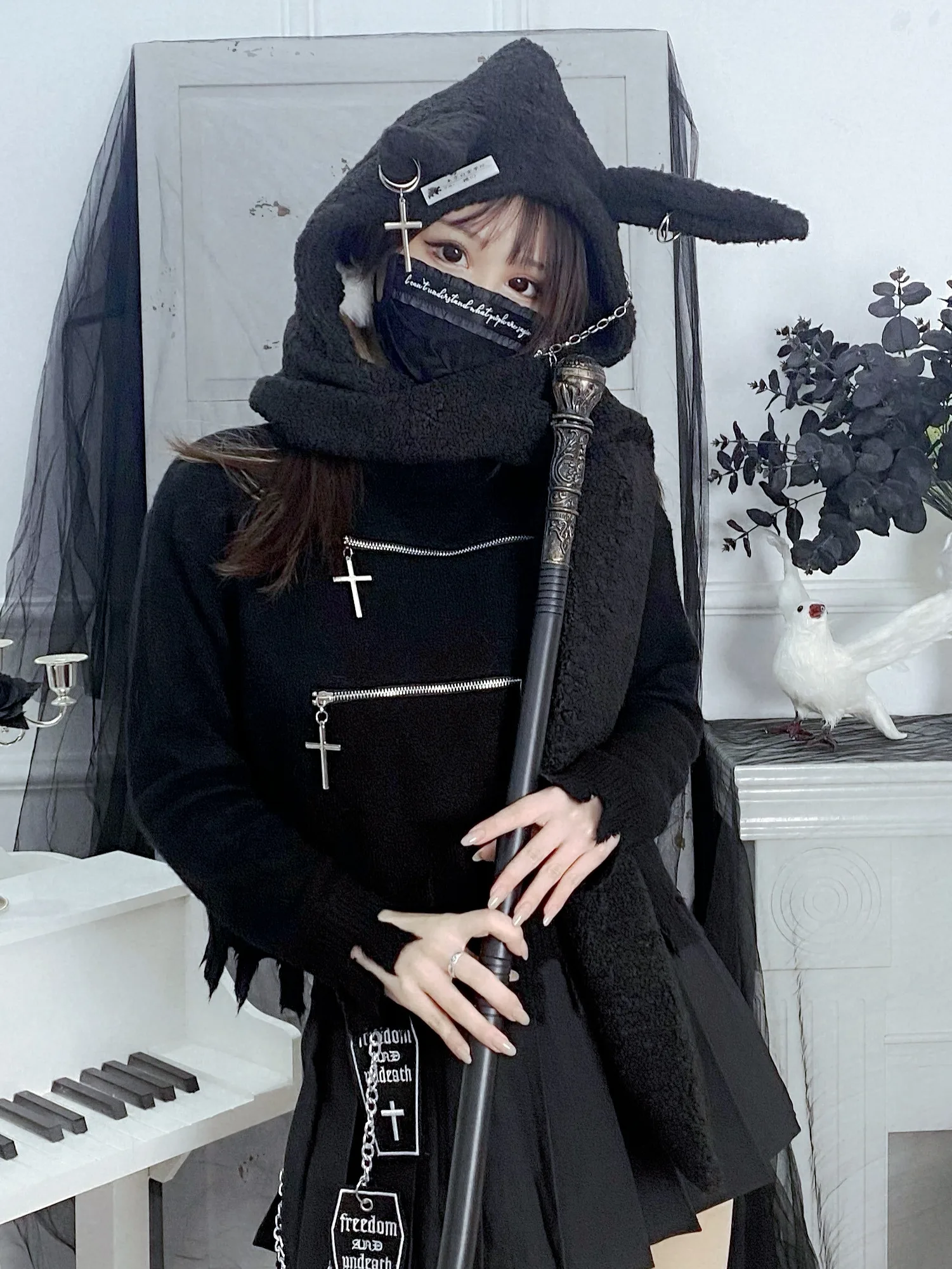 Punk Rabbit Ear Hat Chain Cross Long Lamb Wool Scarf Hard Girl