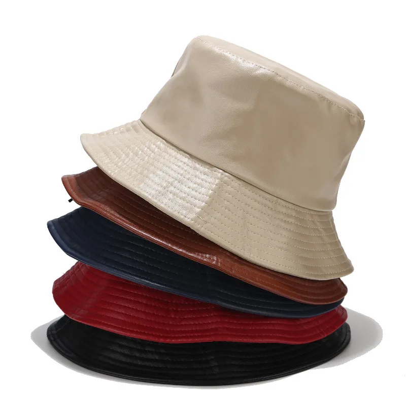 INS Light Board PU Leather Fisherman Hat Ladies Pure Color Simple Basin Hat Outdoor Wild Sun Hat
