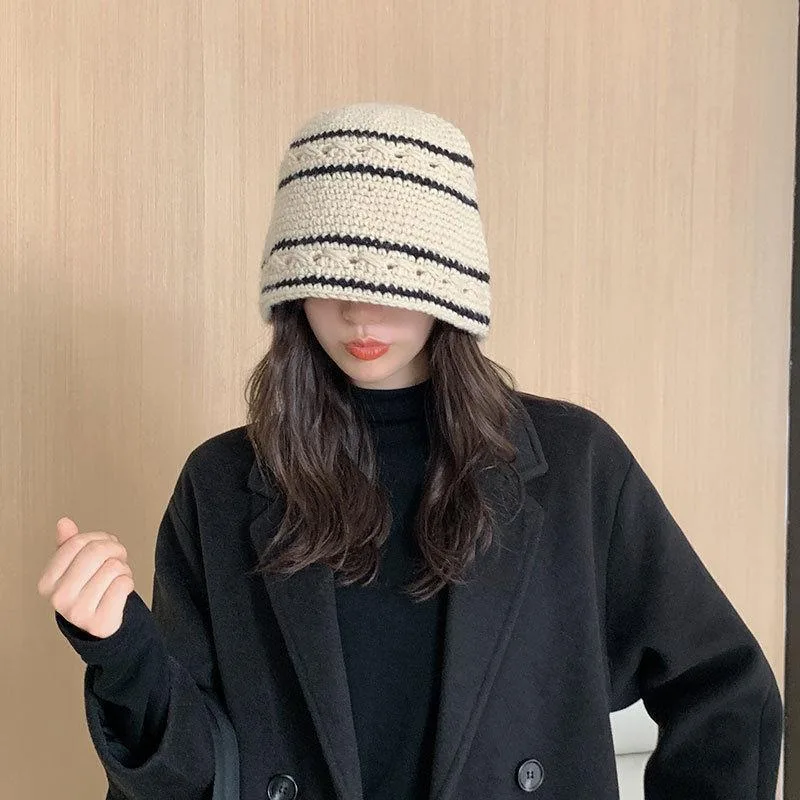 Knitted Striped Wool Bucket Breathable Hat