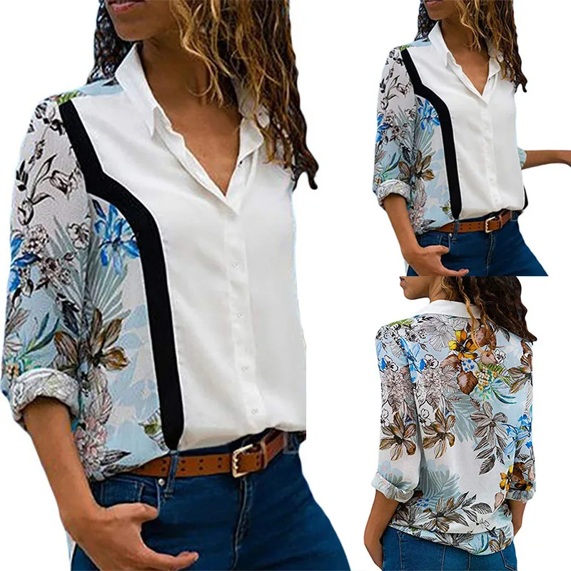 Ladies Casual Long Sleeved Stitching Printed Chiffon Shirt