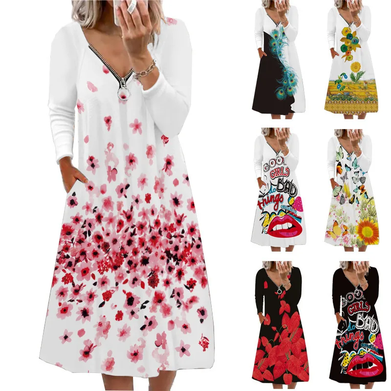 European And American V Neck Zipper Long Sleeve Dress