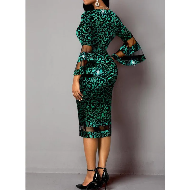European And American Elegant Women's Mesh Stitching Printed Bag Hip Skirt V-neck Temperament
