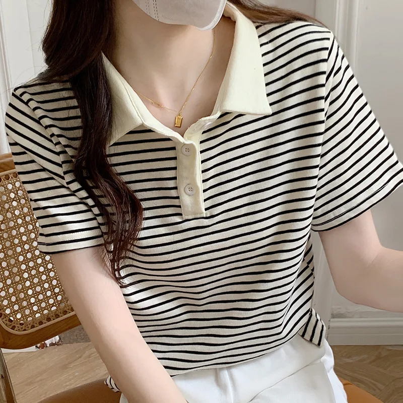 New Korean Style Cotton Yarn-dyed Weaving Strip Shoulder Striped Short Sleeve