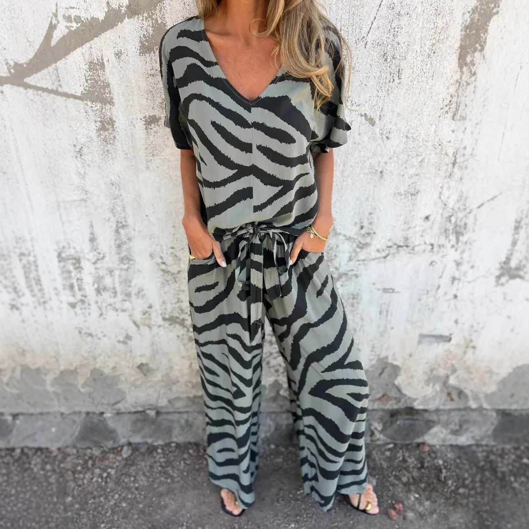 Fashion Zebra Stripes V-neck Lace-up Top Suit
