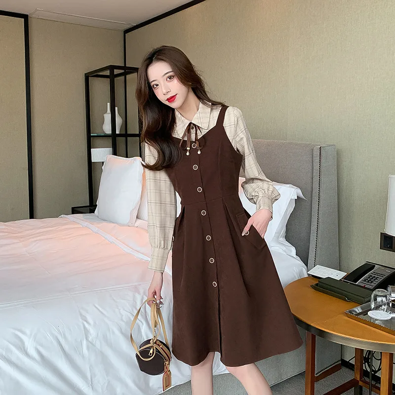 Plaid Shirt Strap Dress Long Sleeve Slim Two Piece Set