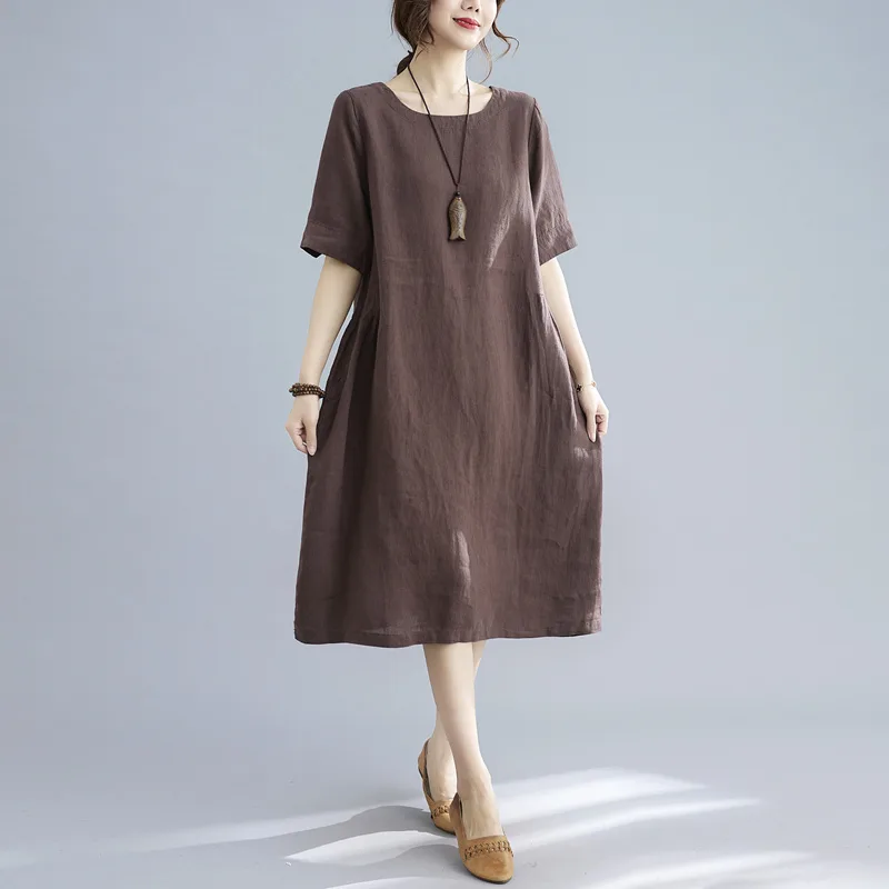 Women's Mid-length Fat MM Retro Cotton And Linen Dress