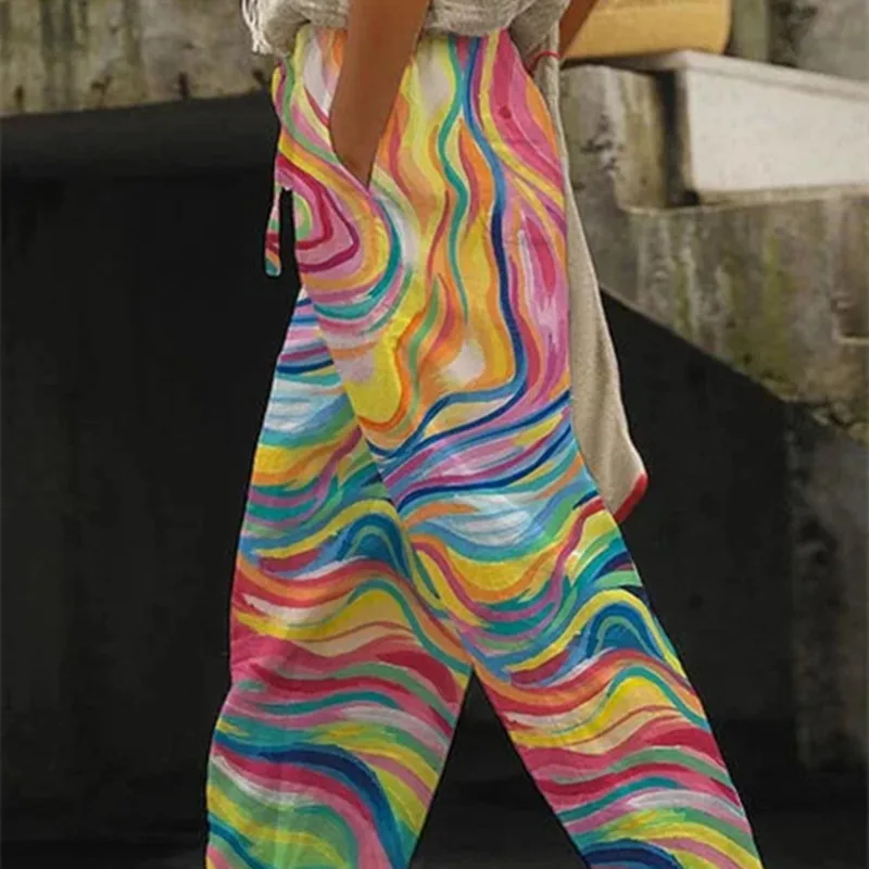 3D Digital Printing Cotton And Linen Simplicity Cuffed Pants