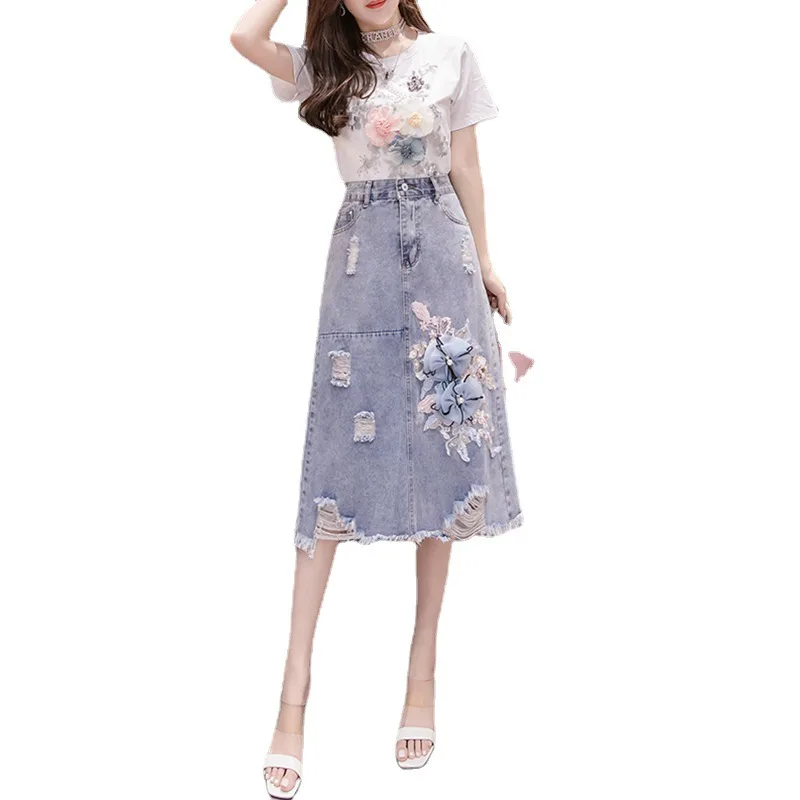 Real Shot Ins Denim Skirt Nail Bead Three Dimensional Flower Decoration Beauty Korean Leisure Elegant Skirt Women''s Fashion