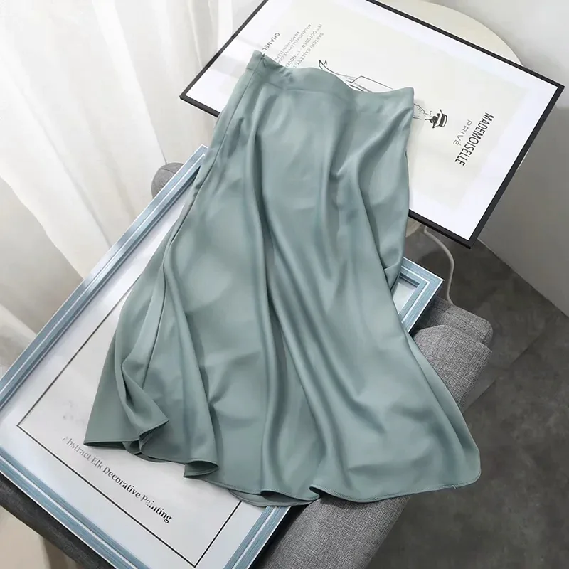 Light Luxury Silky Satin Gloss Acetic Acid Temperament Word Mid-length Skirt Women's Clothing