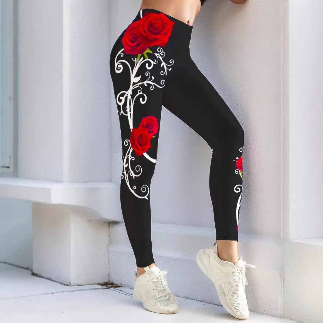 Rosed-print Leggings For Casual Wear In European And American Styles