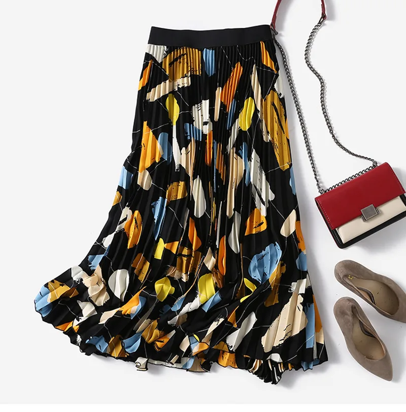 Large Swing Mid-length Landscape Oil Painting Print Pleated Skirt