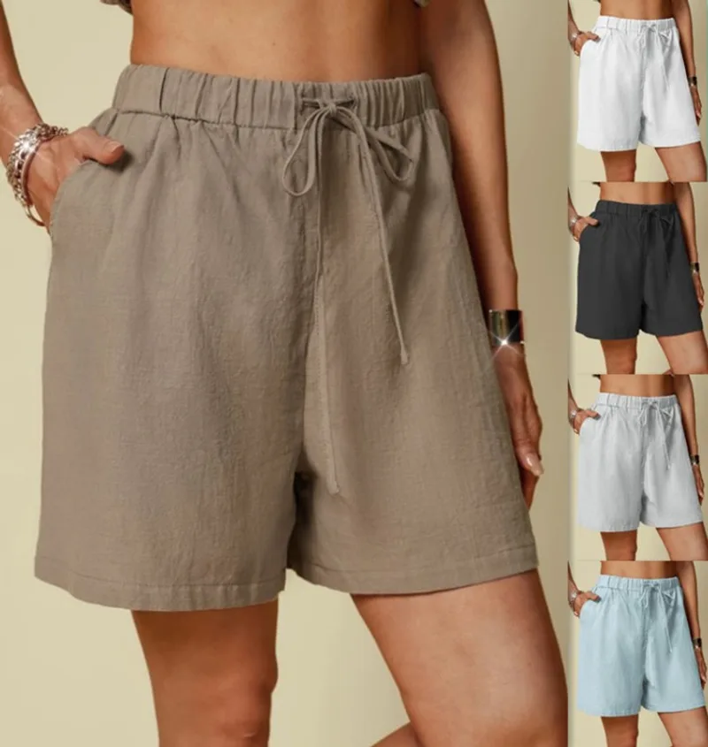 Solid Color Loose Casual Elastic Waist Lace-up Shorts For Women