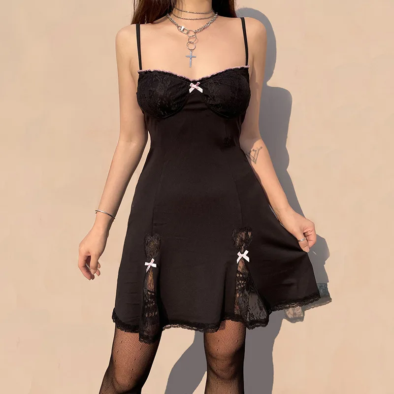 Feminine Fashion Lace Stitching Bow Suspender Skirt