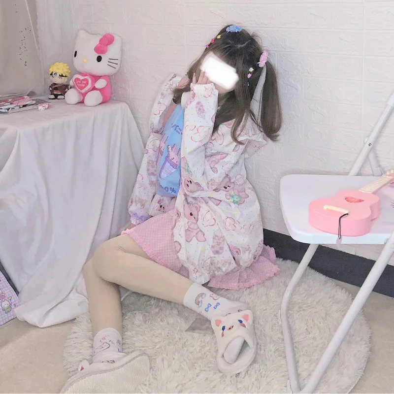 Women's Summer Bear Print Hooded Trench Thin Coat