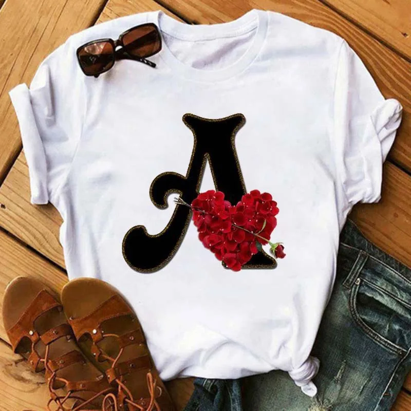 26 English Alphabet Rose Print Student Casual Short Sleeve
