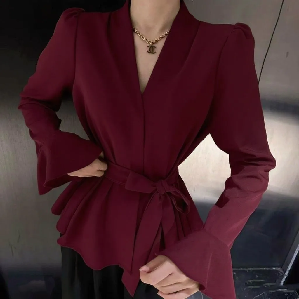 Women's French-style Irregular Collar Long Sleeve Tied Shirt