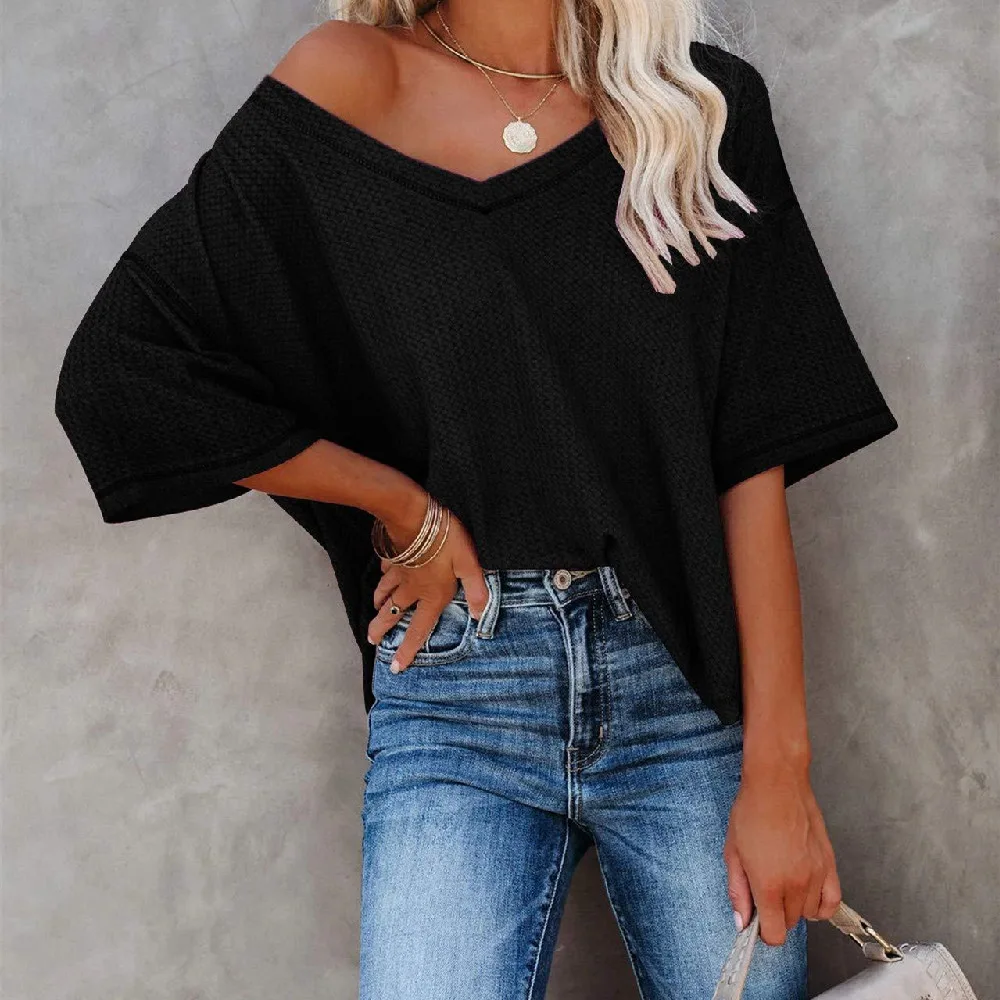 Solid Color Short Sleeve T-shirt Top Women's Clothing