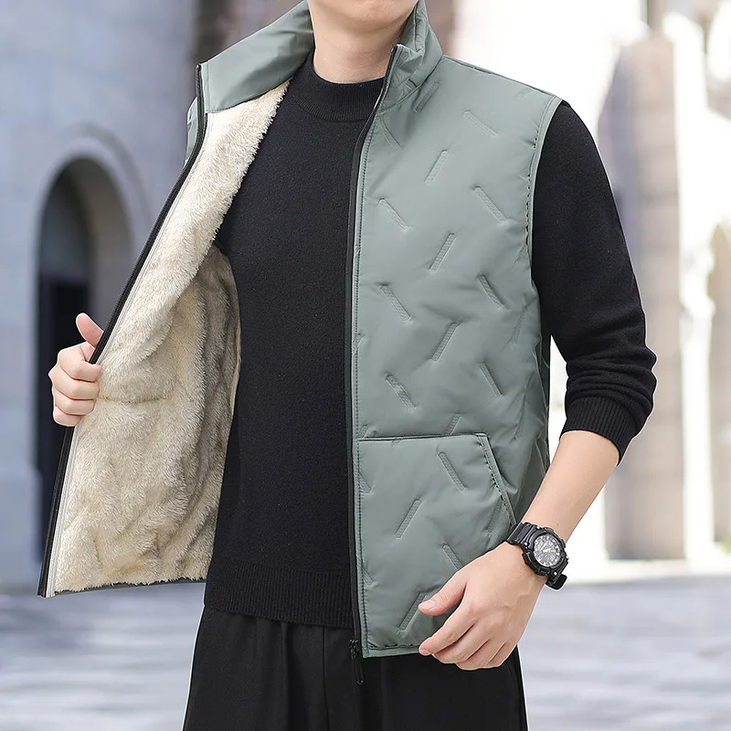 Autumn And Winter Men's Stand Collar Fleece-lined Thickened Lamb Wool Vest