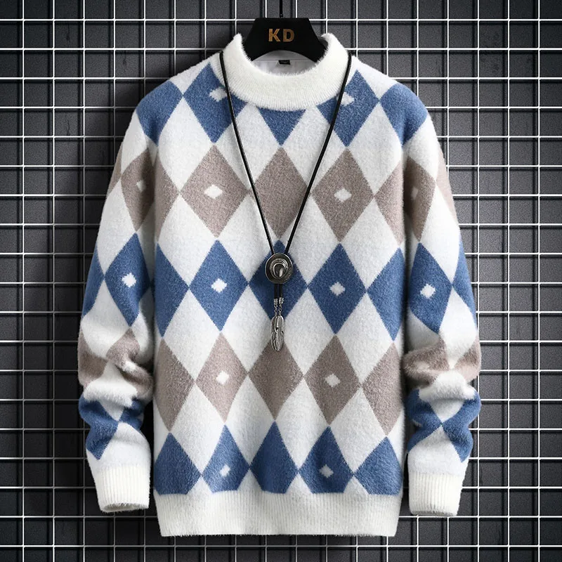 Personalized Knitting Men's Plush Thickened Top Long-sleeved Round Neck Sweater