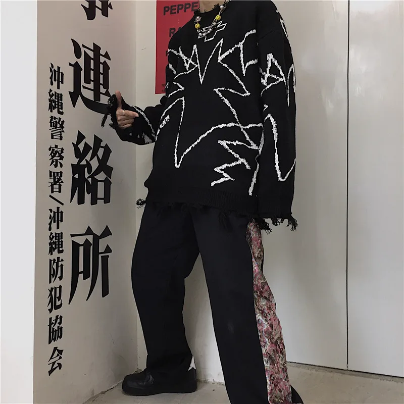 Loose Retro Contrast Color Hand-Painted Personality Tattered Edge Slimming Sweater